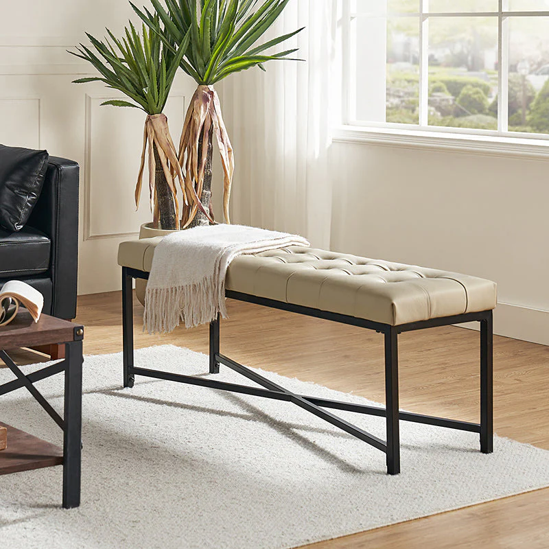 Top-Layer Leather Button-Tufted Storage Bench with Flip Top & Metal Legs | Beige / Black / Brown | Single