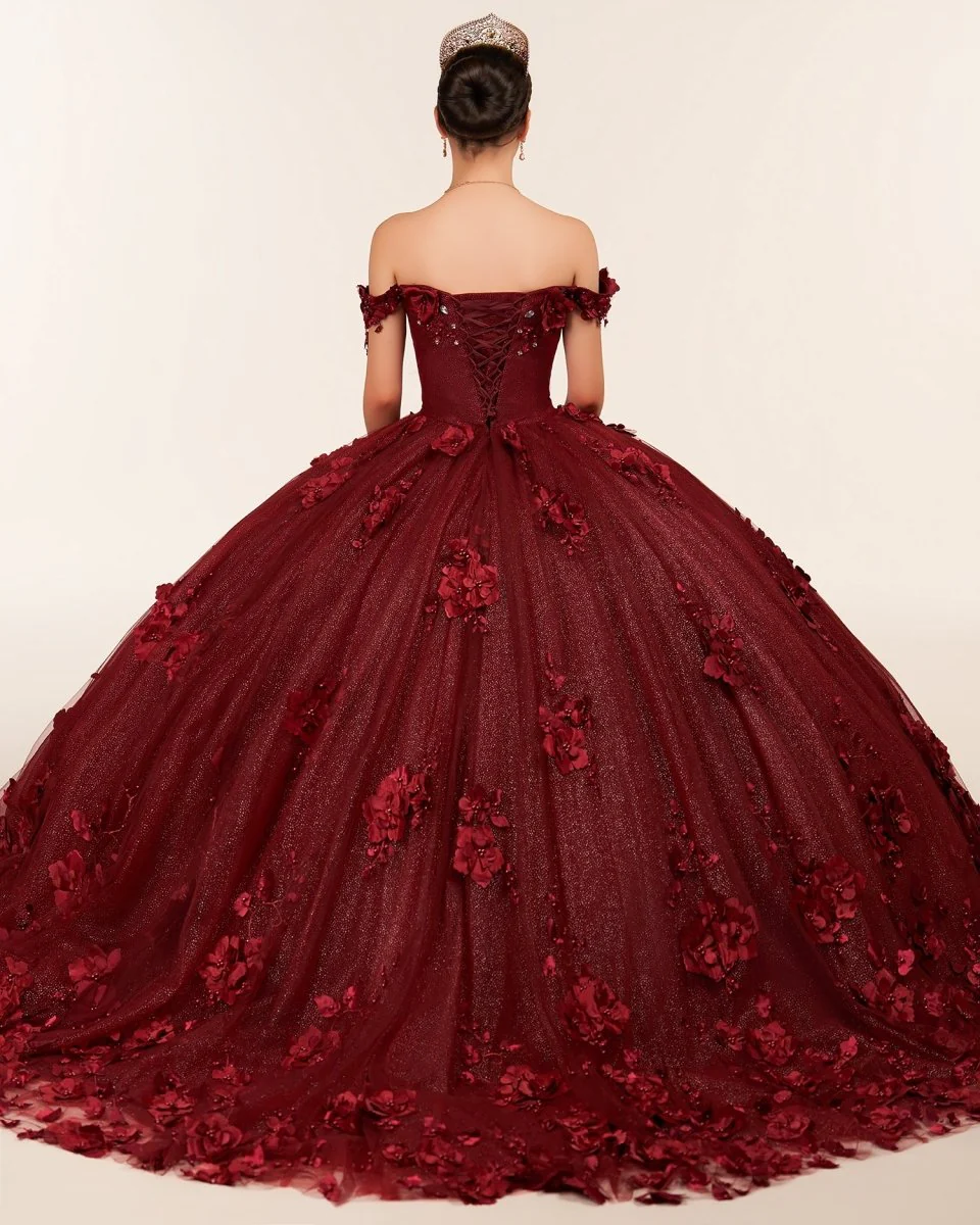 Ball Gown Organza Off The Shoulder Burgundy Quinceanera Dress