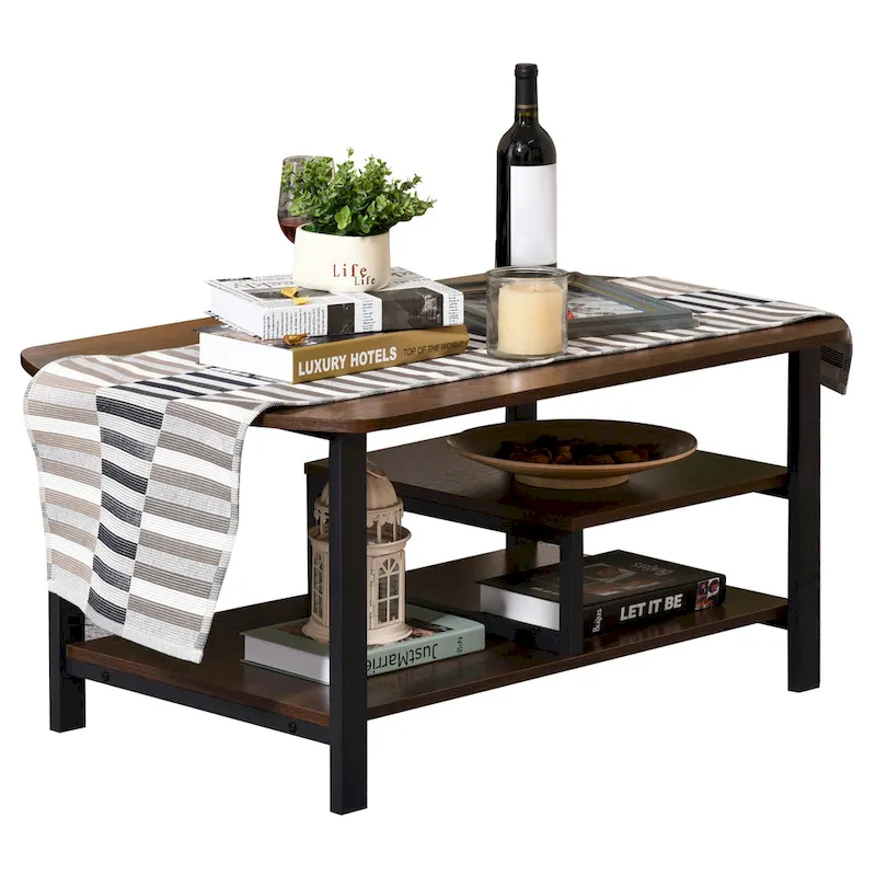 Dark Brown Wood & Black Metal Coffee Table with 3-Tier Shelves, 1-Person Use