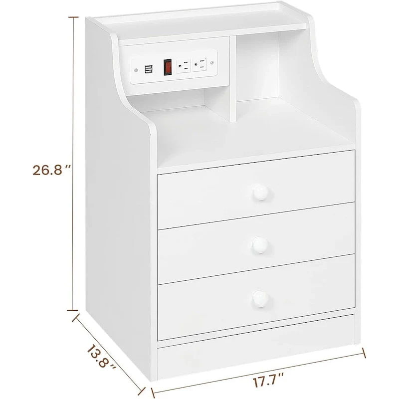 Nightstand 3 Drawers Charging Station End Side Table Bedroom
