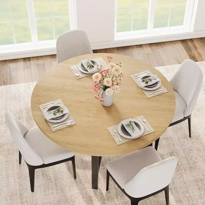 Round Dining Table for 4-47 Wood Circle Dinner Table with Metal Frame, Farmhouse Kitchen Dining Room Furniture for Home