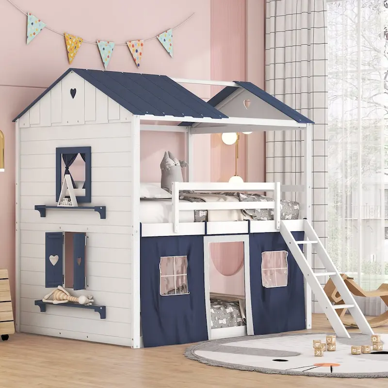 White & Blue Full Size House Bunk Bed, 1-Child