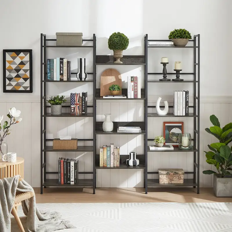 Triple Wide 5-shelf Bookshelves Industrial Retro Wooden Style Home and Office Large Open Bookshelves