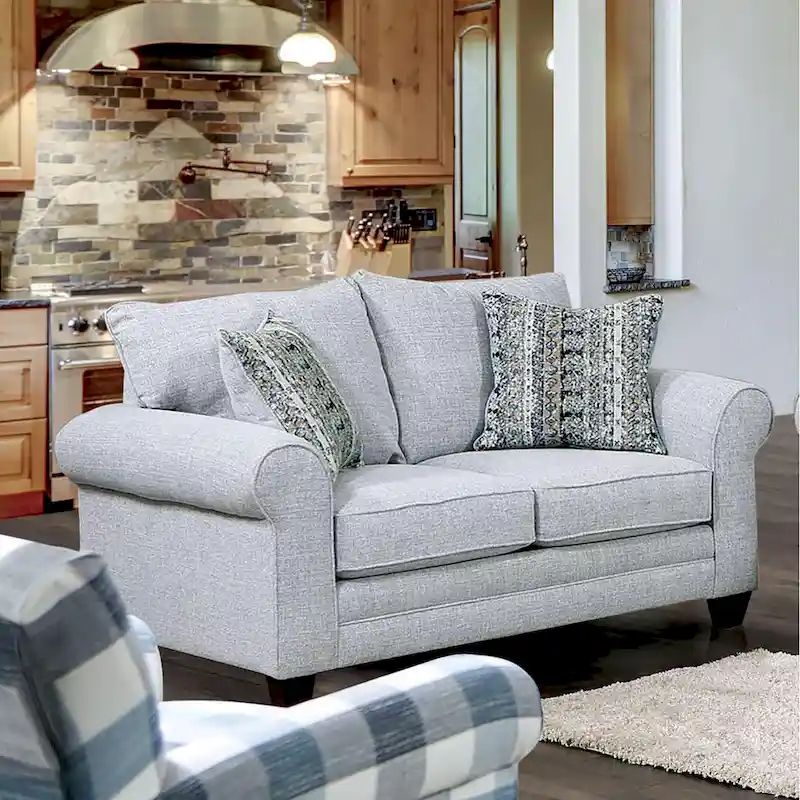 Grey Transitional Linen-Like Fabric Loveseat with Rolled Arms & Accent Pillows - Fits 2 People