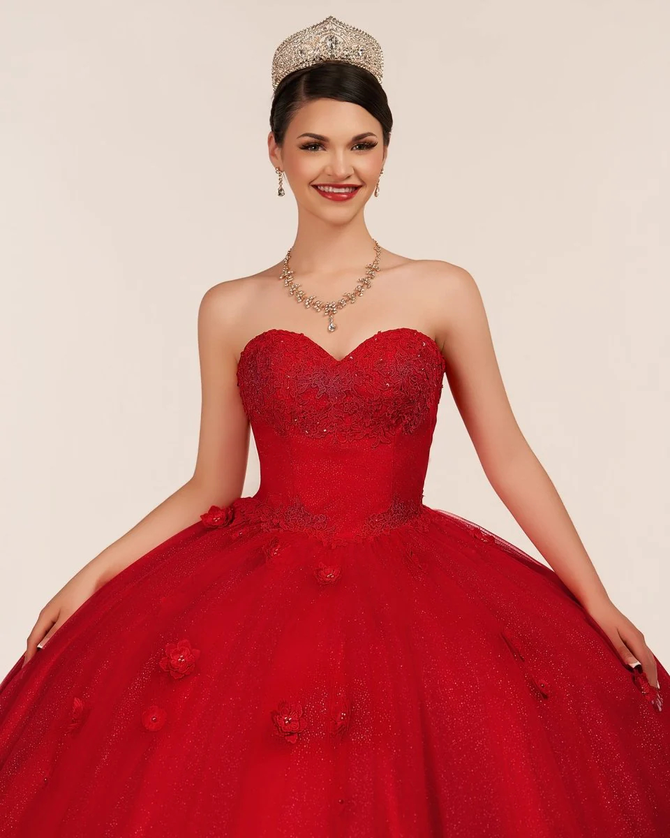 Red 3D Flowers Glitter Sequins Sleeveless Quinceanera Dresses