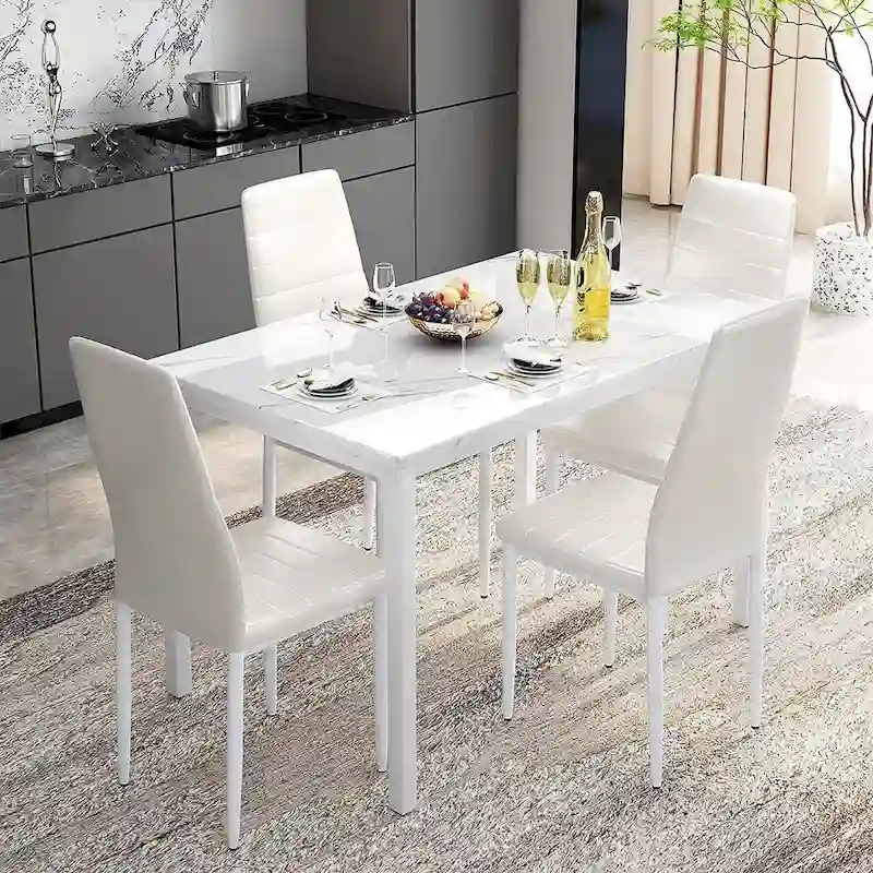 Mieres Modern Style 5-Piece Faux Marble Top Dining Table Set with 4 Faux Leather Upholstered Dining Chairs