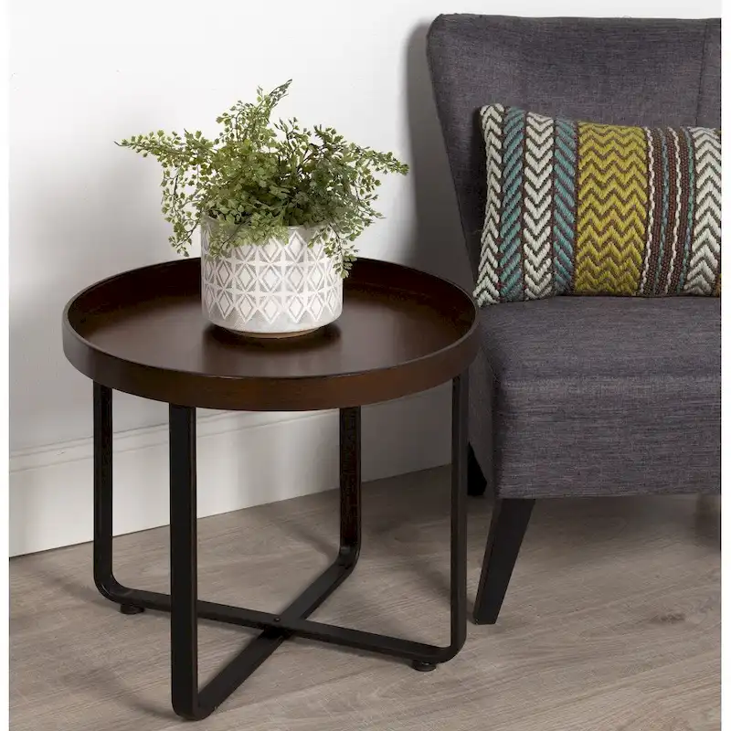 Round Metal Tray-Top End Table, Bronze / Oak, Fits 1