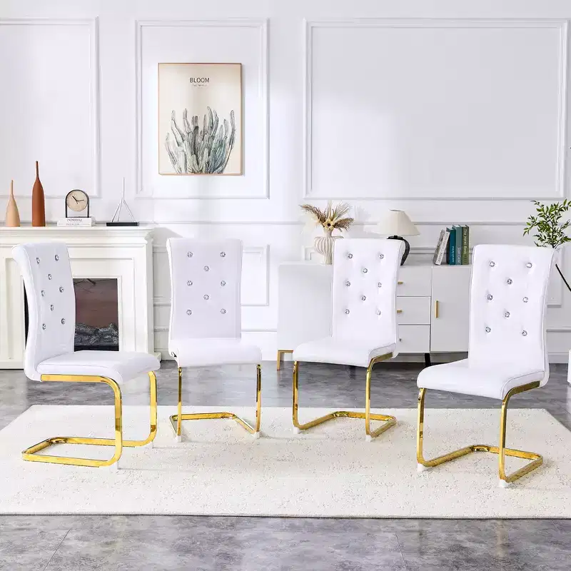 Set of 4 Upholstered Dining Chairs with Faux Leather and Crystal Buckle Details, with Durable Metal Legs