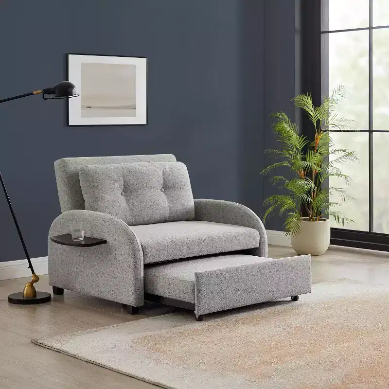 Powell Twin Braxton Woven Polyester Fabric Black Wood Frame and Tray Table Convertible Bed Gray: Multifunctional Design, Easy Mobility