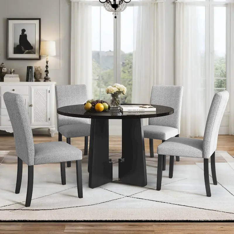 5 Pcs Wood Kitchen Table and Chair Set, 4 People Round Dining Table Set with Faux Marble Top and 4 Upholstered Chairs