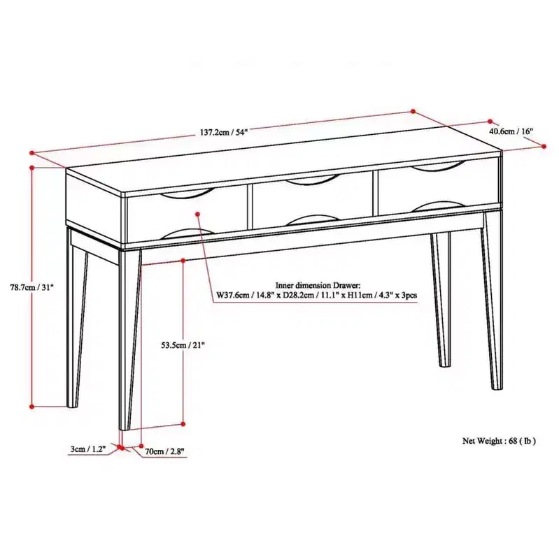 Walnut Brown Console Table with 3 Drawers, Mid-Century Style, for 1