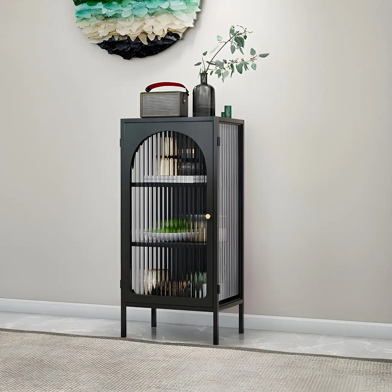 2-Shelf Black Metal Frame Glass Door Display Cabinet