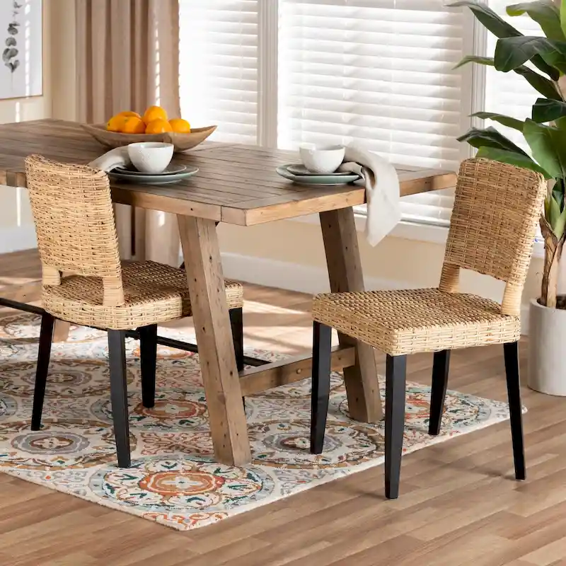 bali & pari Dermot Modern Bohemian Dark Brown Finished Wood and Natural Rattan 2-Piece Dining Chair Set