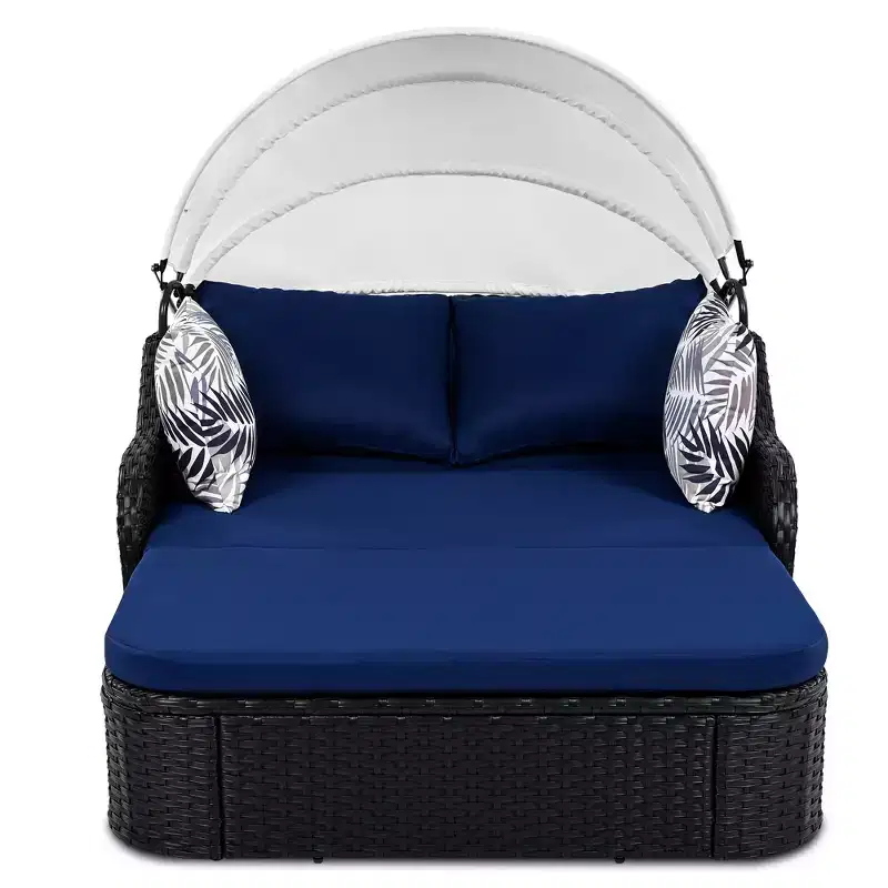 GDFStudio Sidney Patio Modern PE Rattan Double Chaise Lounge Daybed with Adjustable Canopy, Cushions and Pillows