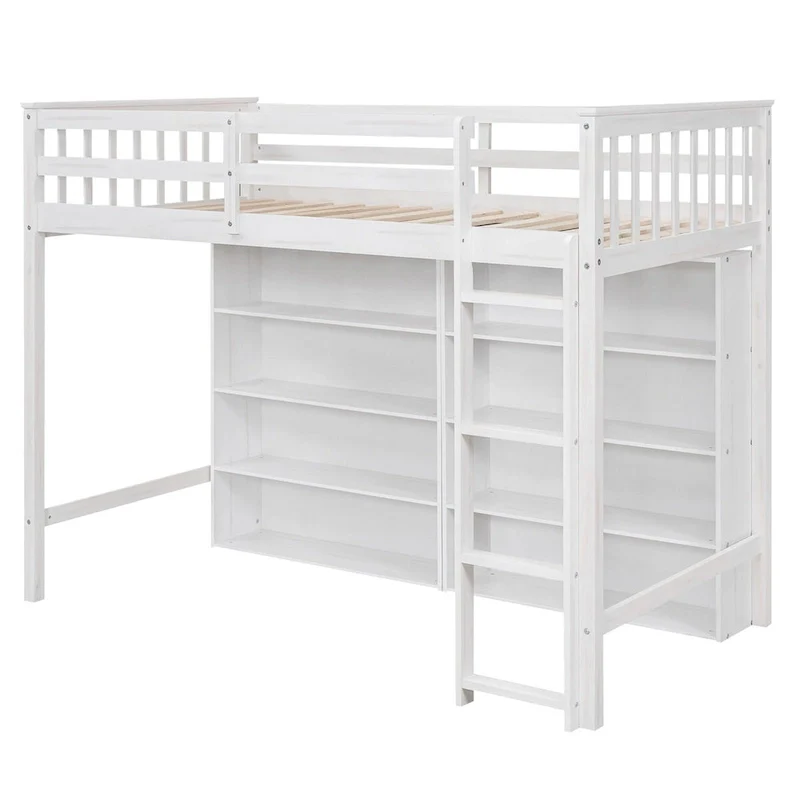 Nestfair Twin Size Loft Bed with 8 Open Storage Shelves and Built-in Ladder