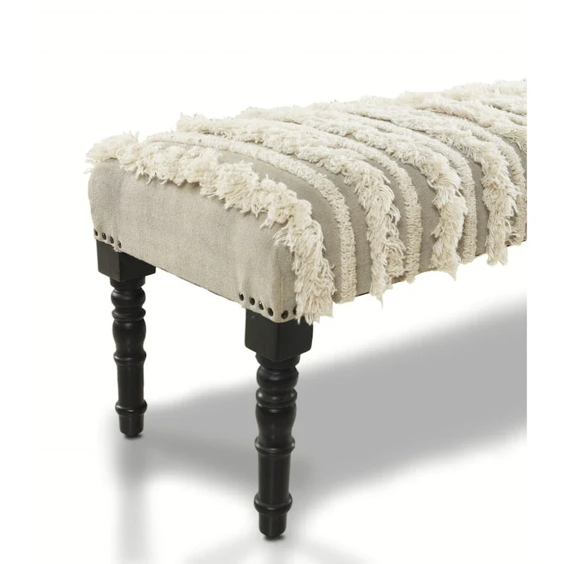 Cream Striped Upholstered Bench with Black Legs - 47