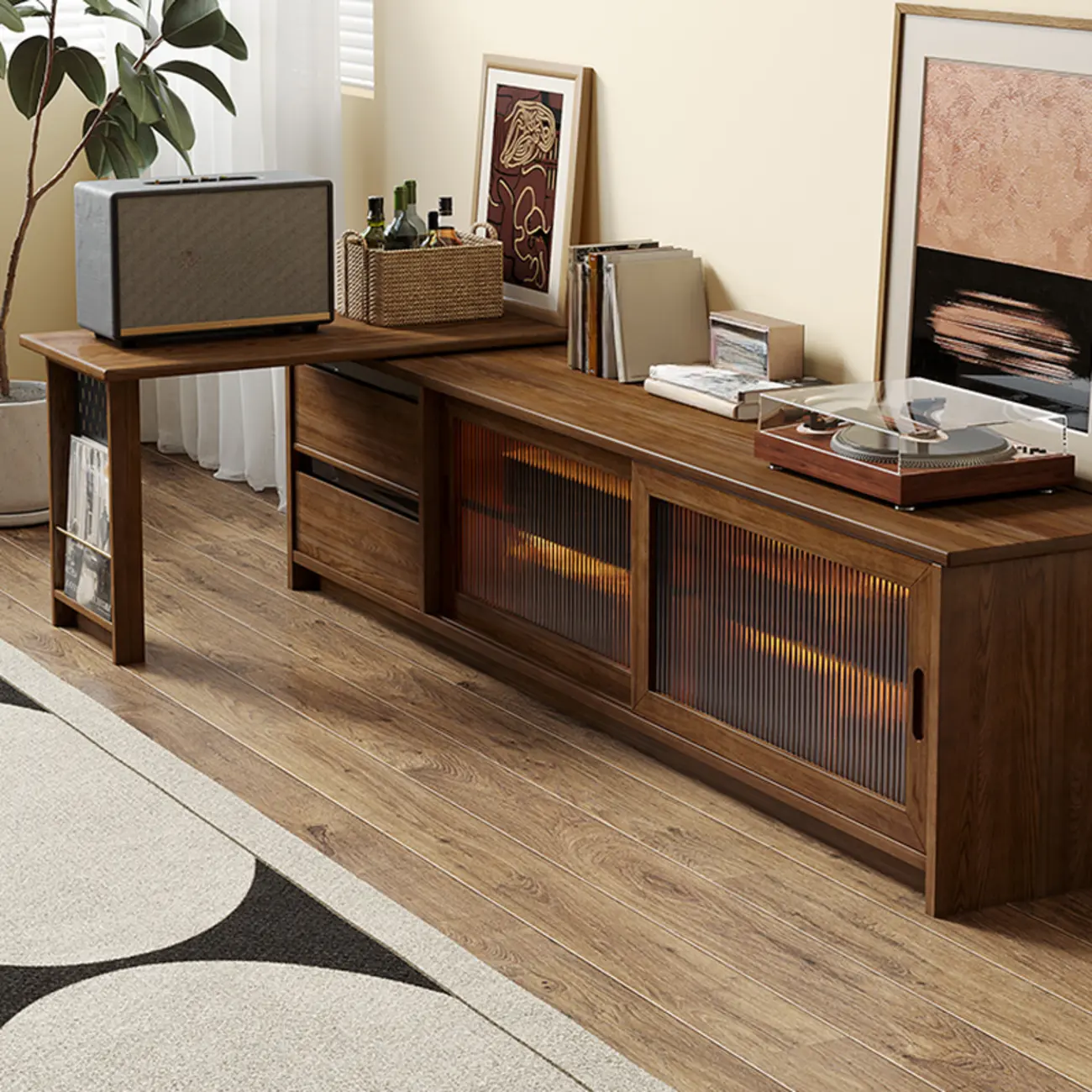 Extendable Long Brown Wood TV Stand with 2 Cabinets
