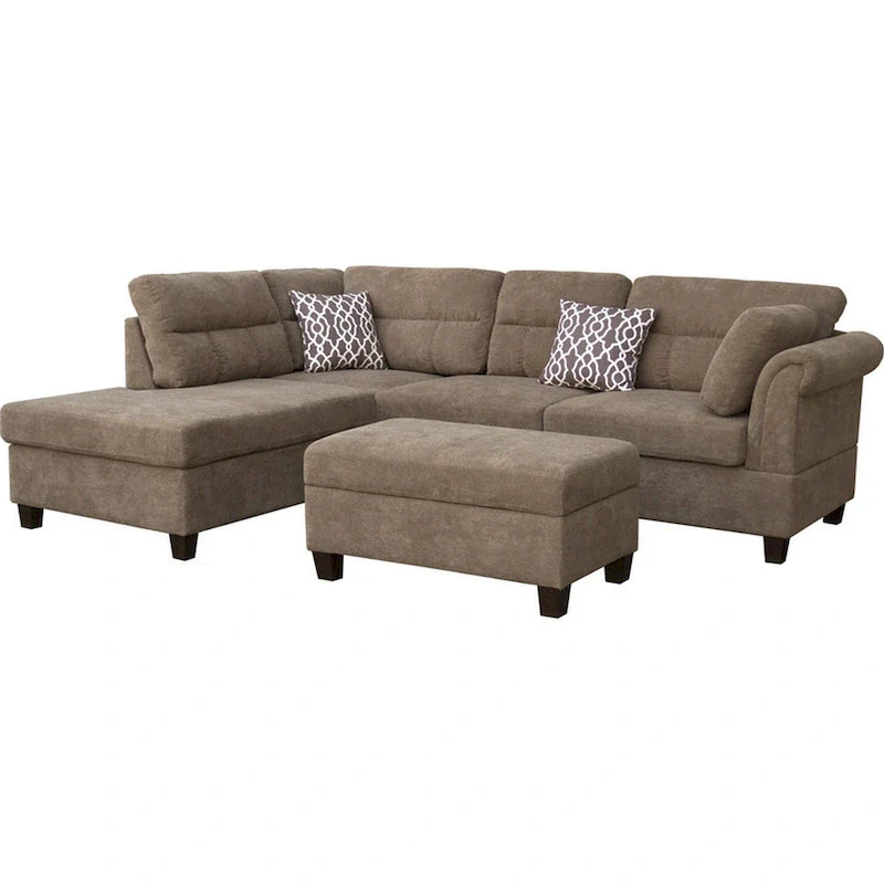 Ari 104 Inch Sectional Sofa with Chaise, Ottoman, 2 Accent Pillows, Brown