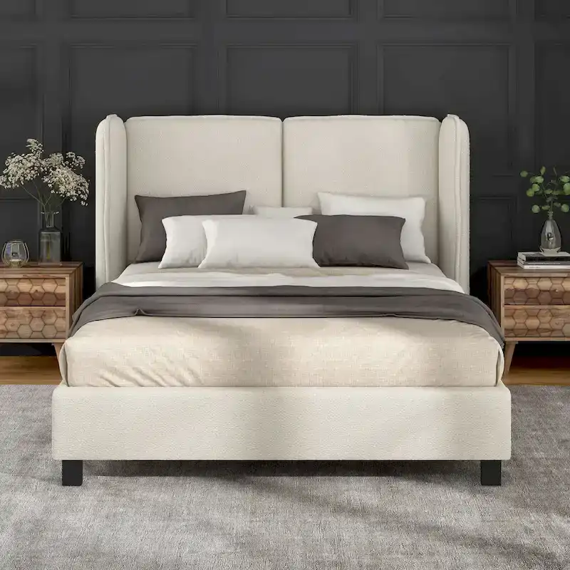 Janna Modern Boucle Fabric Queen-size Platform Bed with Wingback Headboard by Furniture of America