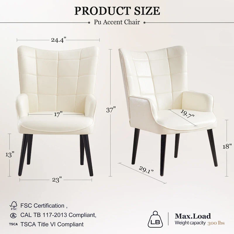 High-Back Tufted Accent Chair | Faux Leather Wingback | Solid Wood Frame | Ergonomic Armrests | 300 lbs Capacity | 37