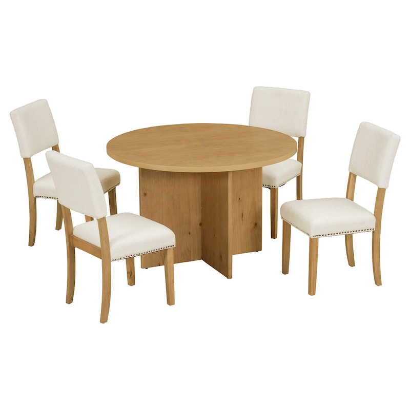 Farmhouse Style 5-Piece Wooden Dining Set with Round Table and 4 Lambswool-like Fabric Upholstered Chairs