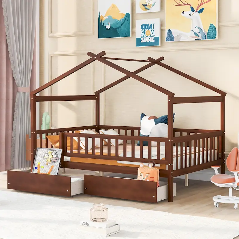 Walnut/Grey/White/Natural House-Shape Full Size Kids Platform Bed with 2 Drawers, for 1 Child