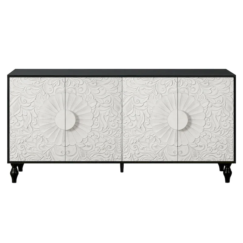 Black & Natural Carved Flower Door Sideboard Cabinet with Shelves