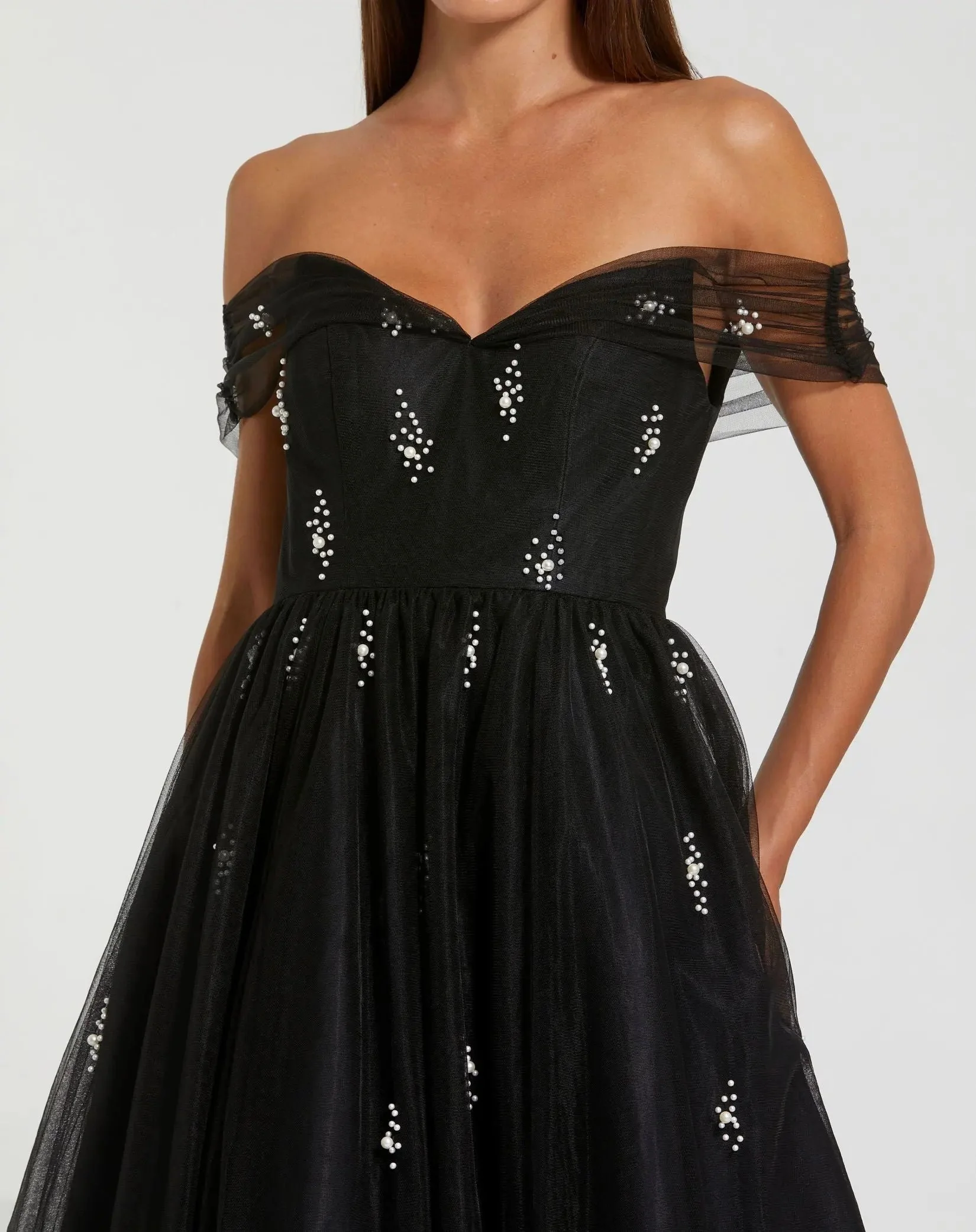 Black Tulle Off The Shoulder Pearl Embellished Cocktail Dress