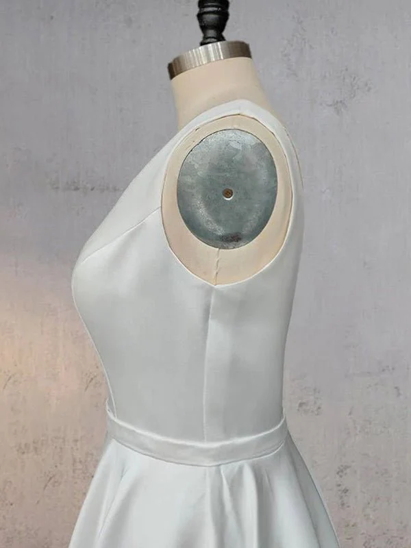 A-Line White Satin Elegant V Neck Wedding Dress