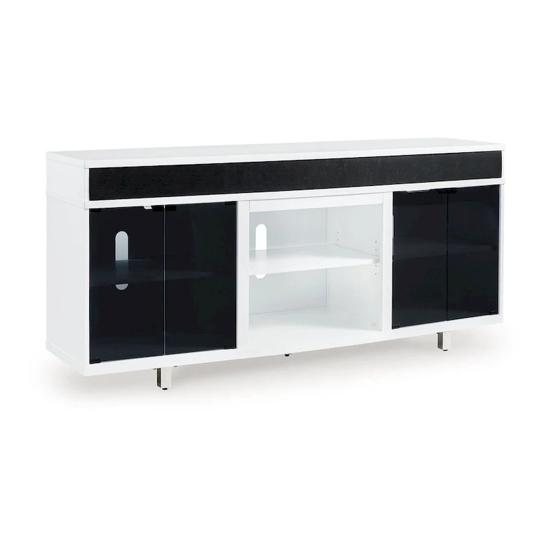 TV Media Console, Open Fireplace Area, White Black Wood, 72 Inch