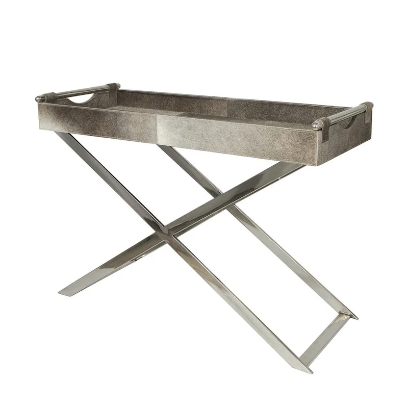 Grey Hair-on-Hide Leather Side Table with Diagonal Silver Legs, 1–2 Person
