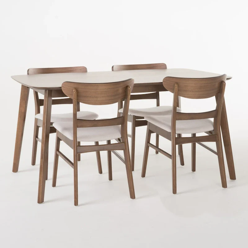 Mid-Century 5-Piece Dining Set, Walnut & Oak Finish, Upholstered Chairs