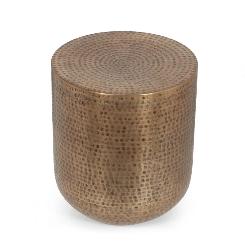Aged Brass Drum Side Table - Handcrafted Aluminum with Hammered Finish