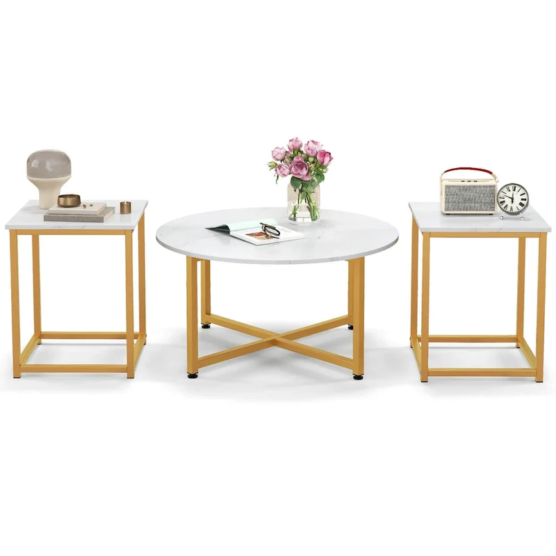 Walnut/White/Grey & Black 3-Piece Coffee Table Set, Round & Square, for Living Room