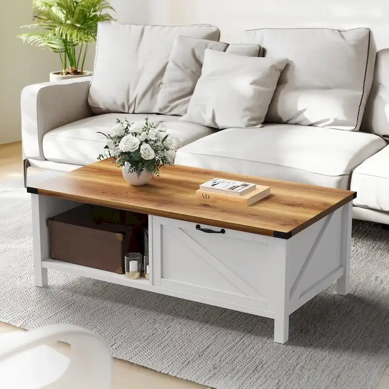 Moasis Farmhouse Coffee Table with Storage Cabinet and Open Shelf