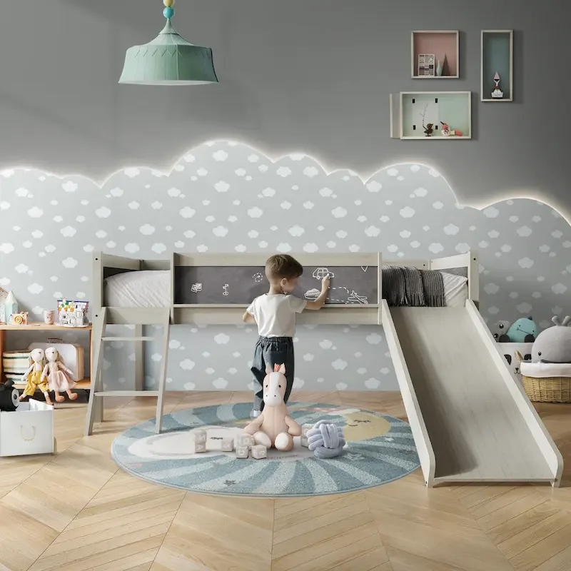 Black / White / Grey Twin Low Loft Bed with Slide, Ladder & Chalkboard – 1 Child