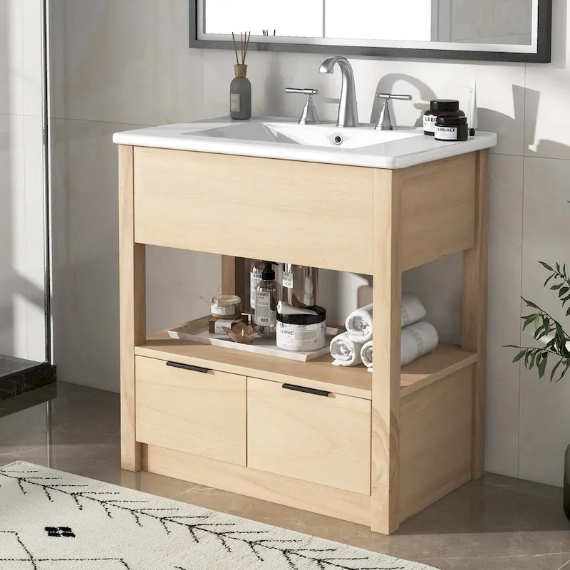 Black / Clear Modern Freestanding Bathroom Vanity with 2 Drawers & Open Shelf, Single Sink, 1-Person