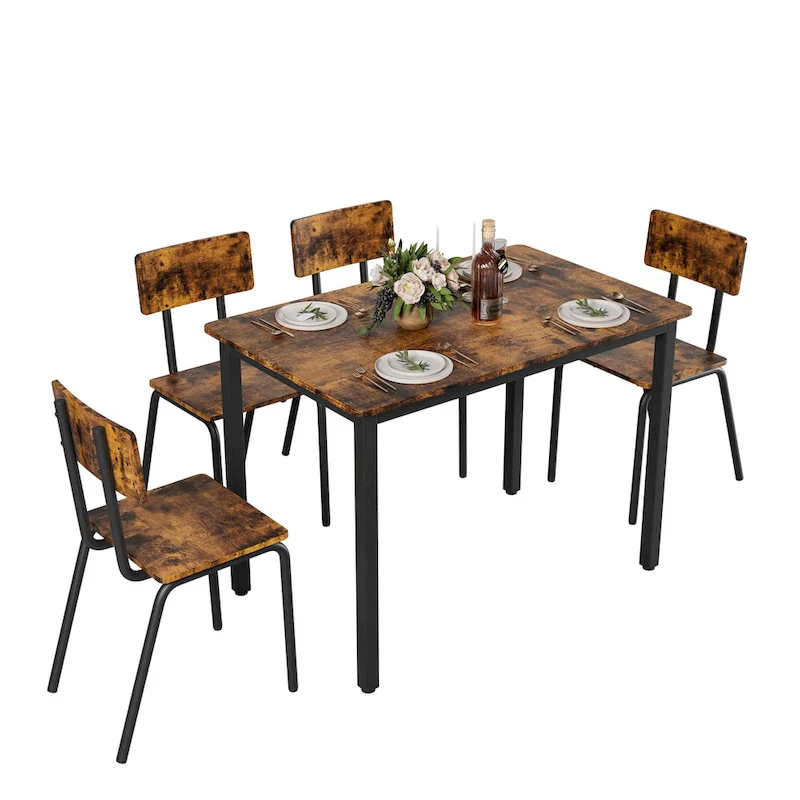 Kitchen Dining Table Set Metal Frame Breakfast Table with 4 Dining Chairs Modern Casual Dining Table Set 5-Piece Dining Set
