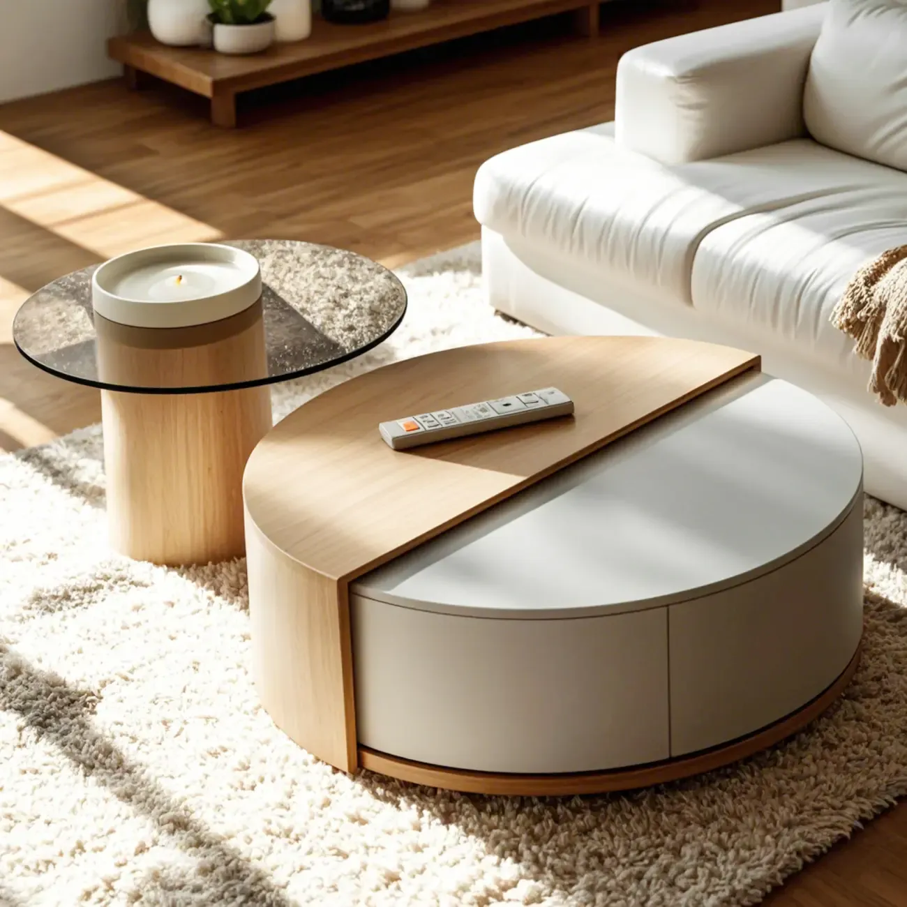 Natural Round Modern Wood Coffee Table with Storage