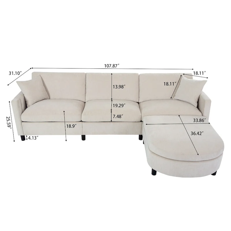 107.87 Removable Cushion 4-Seat Sectional Sofa with Movable Ottoman
