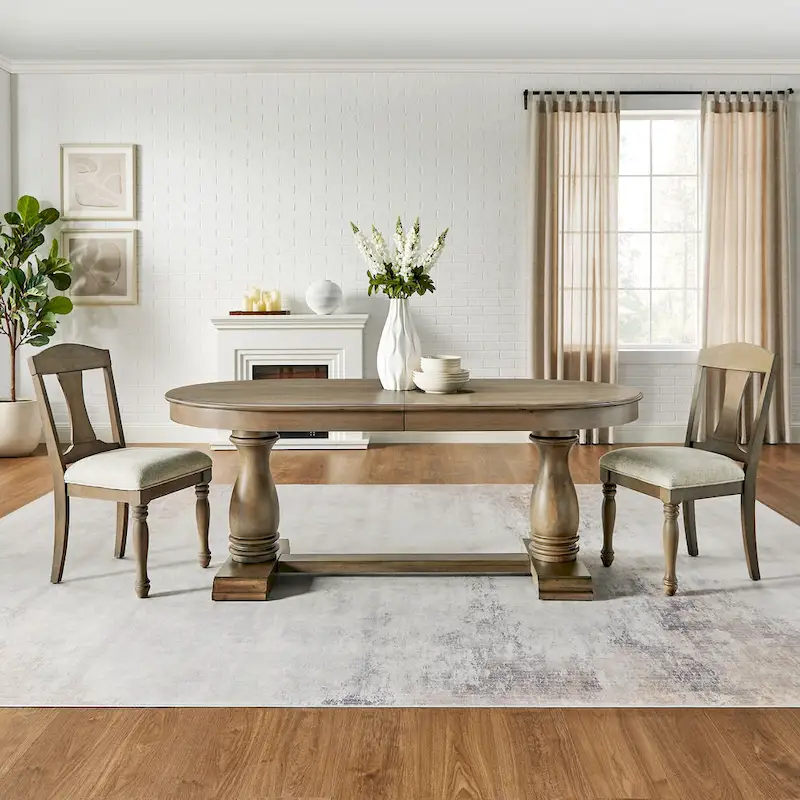 7 Pcs Solid Wood Dining Table Set, , Kitchen Extendable Dining Table Set with Curved Table and 6 Upholstered Chairs