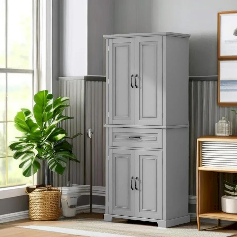 Grey Wood Finish Freestanding Floor Cabinet with Doors & Drawer, 1-Person Assembly
