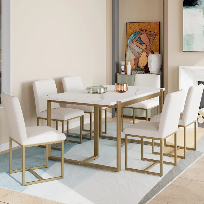 Modern Rectangular Dining Set - Faux Marble Table and 6 Upholstered Chairs