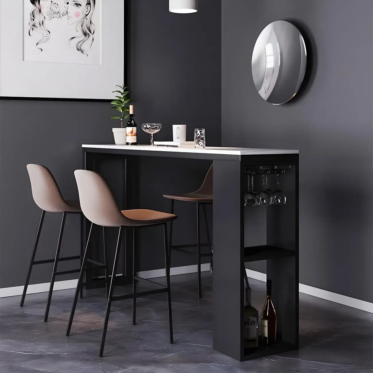 Modern Stone Top Metal Shelves Bar Table with Cup Holder