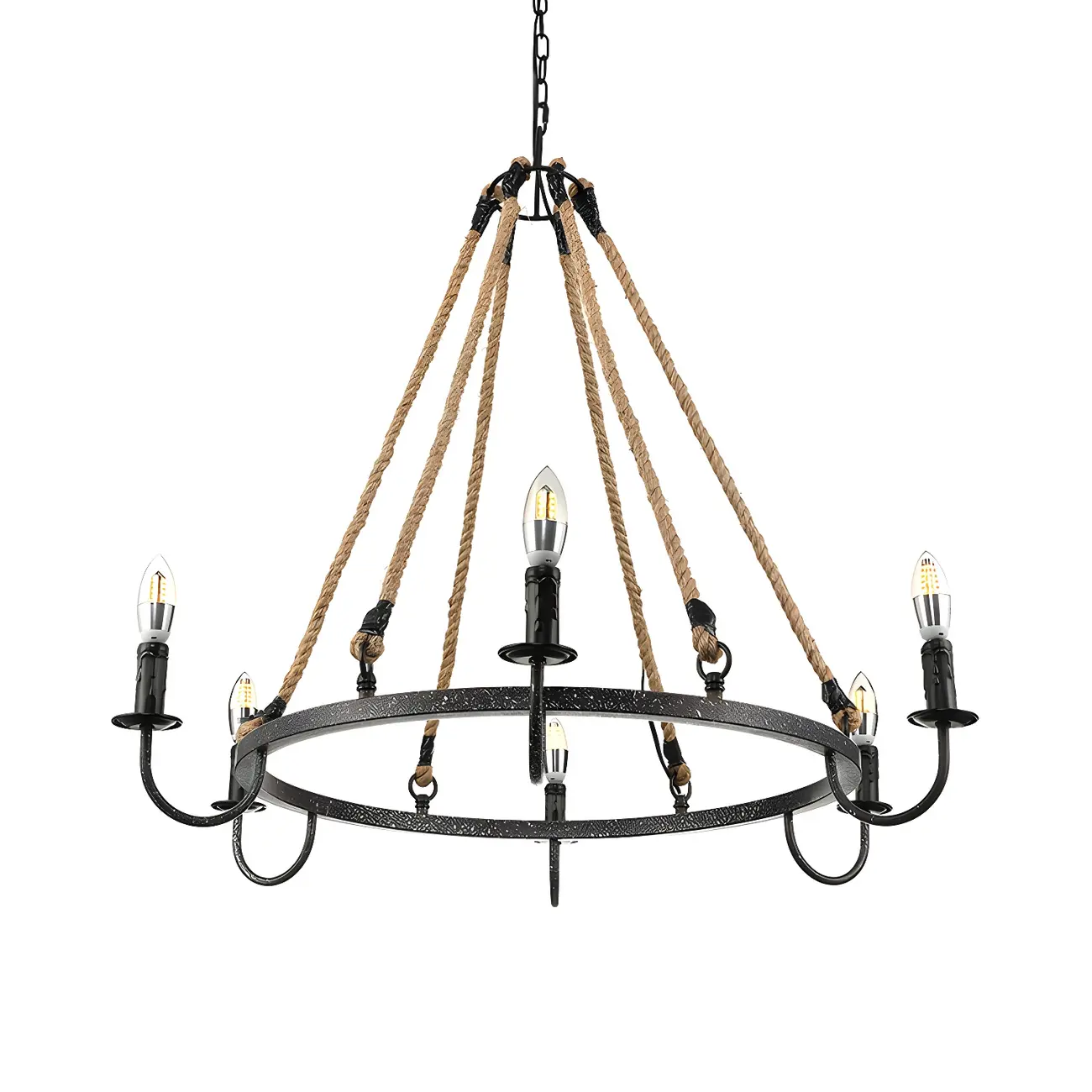 Hemp Rope Industrial Metal Round Candle Chandelier
