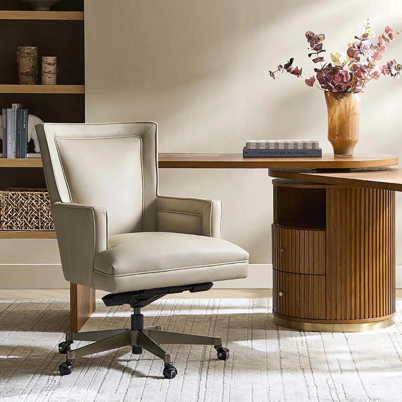 Genuine Leather Ergonomic Office Chair with Adjustable Height, Tilt Lock & Gold Steel Base | Beige / Gray | Single Seat
