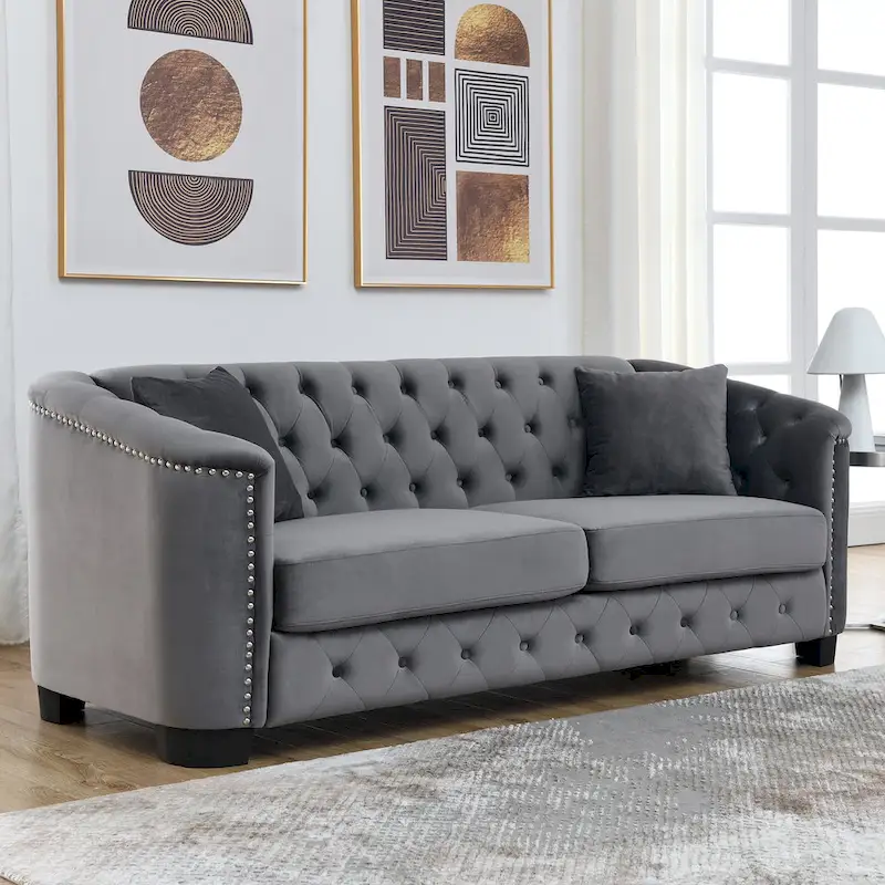 Grey 77 Modern Velvet 3-Seater Sofa with Tufted Backrests and Nailhead Trim