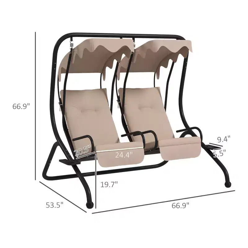 2-Person Patio Swing with Removable Canopy Cup Holders and Separate Seats Beige