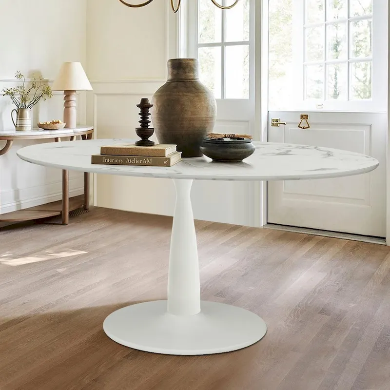 Oval White Faux Marble Topped Pedestal Dining Table