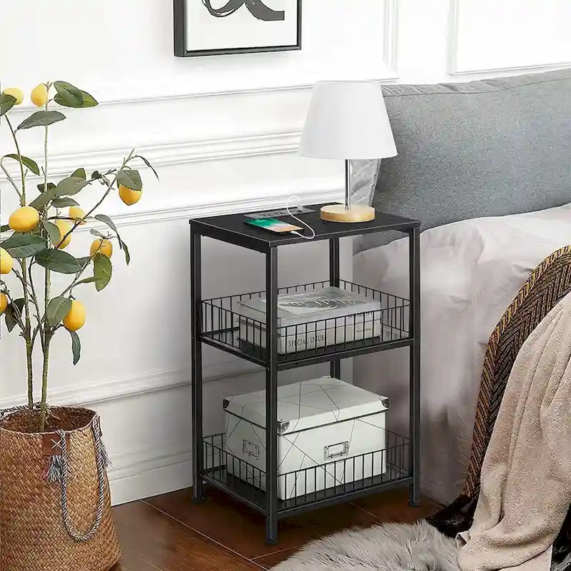 Black/Brown 3-Tier Nightstand with Charging Station, Single